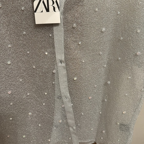 ZARA PEARL TRIM SEMI SHEER KNIT SHIRT S-M BNWT - Picture 8 of 10